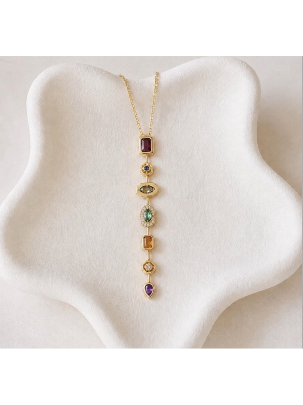 Anthropologie Gemstone Necklace Gold Rainbow Pendant Charm CZ Boho Geometric
